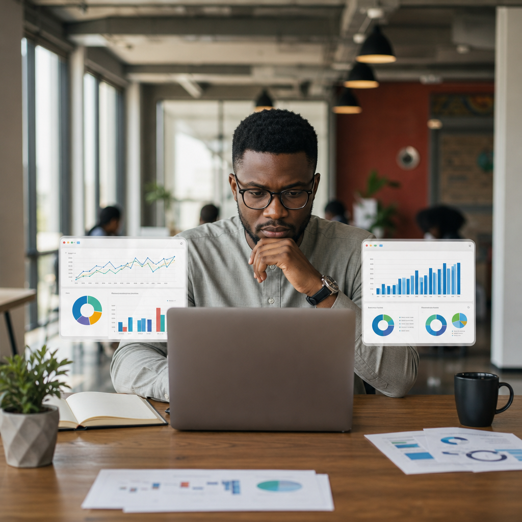 A digital marketer in an Abuja coworking space reviews a campaign dashboard and compares landing-page enquiries with website service-page visits.