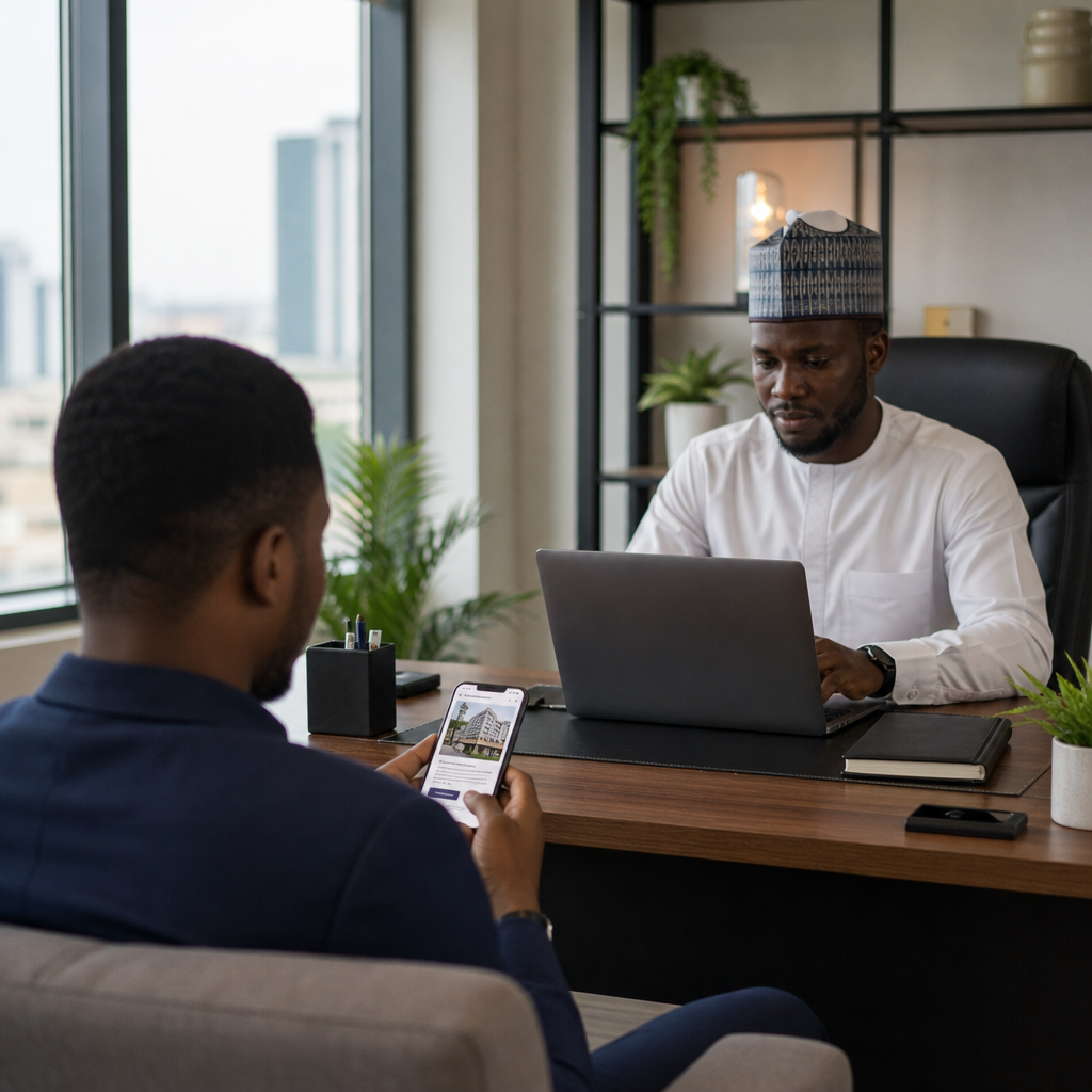 A Nigerian customer viewing a fast-loading mobile landing page while a business owner checks enquiry details on a laptop in an Abuja office