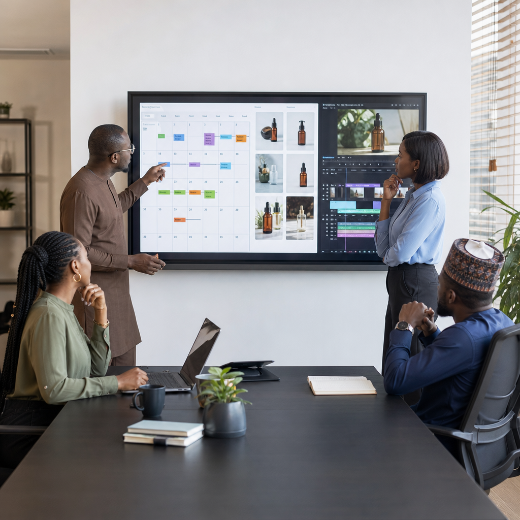 A Nigerian marketing team in Abuja comparing a monthly content calendar, product photography, and video-editing timeline on a large screen while a business owner reviews the plan.