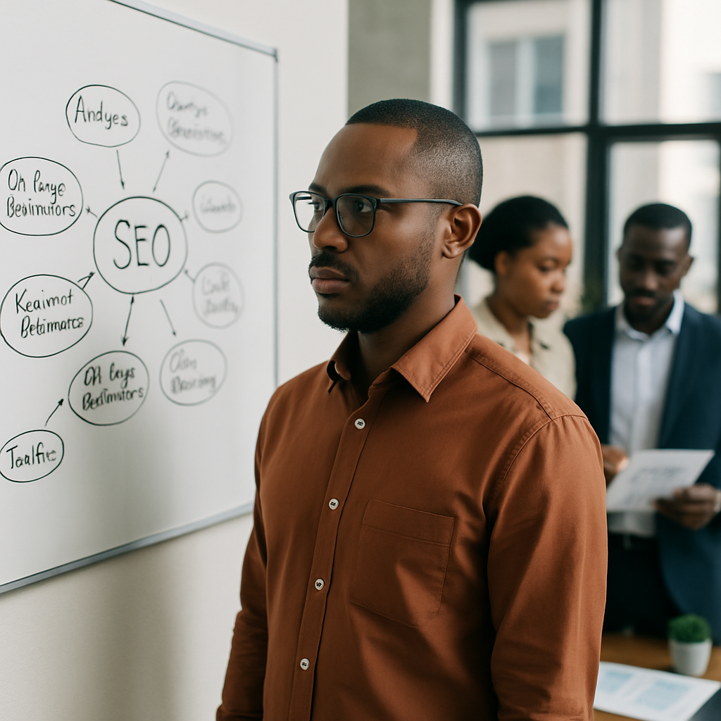 What’s the Real Cost of SEO Services in Lagos and Abuja?<span class="wtr-time-wrap after-title"><span class="wtr-time-number">6</span> min read</span> | Albanny Technologies - Web Design, Mobile App Development, SEO, and Digital Marketing Services A digital marketing manager in Abuja reviewing a complex SEO strategy diagram on a wall whiteboard, with team members discussing keyword maps and budget sheets.