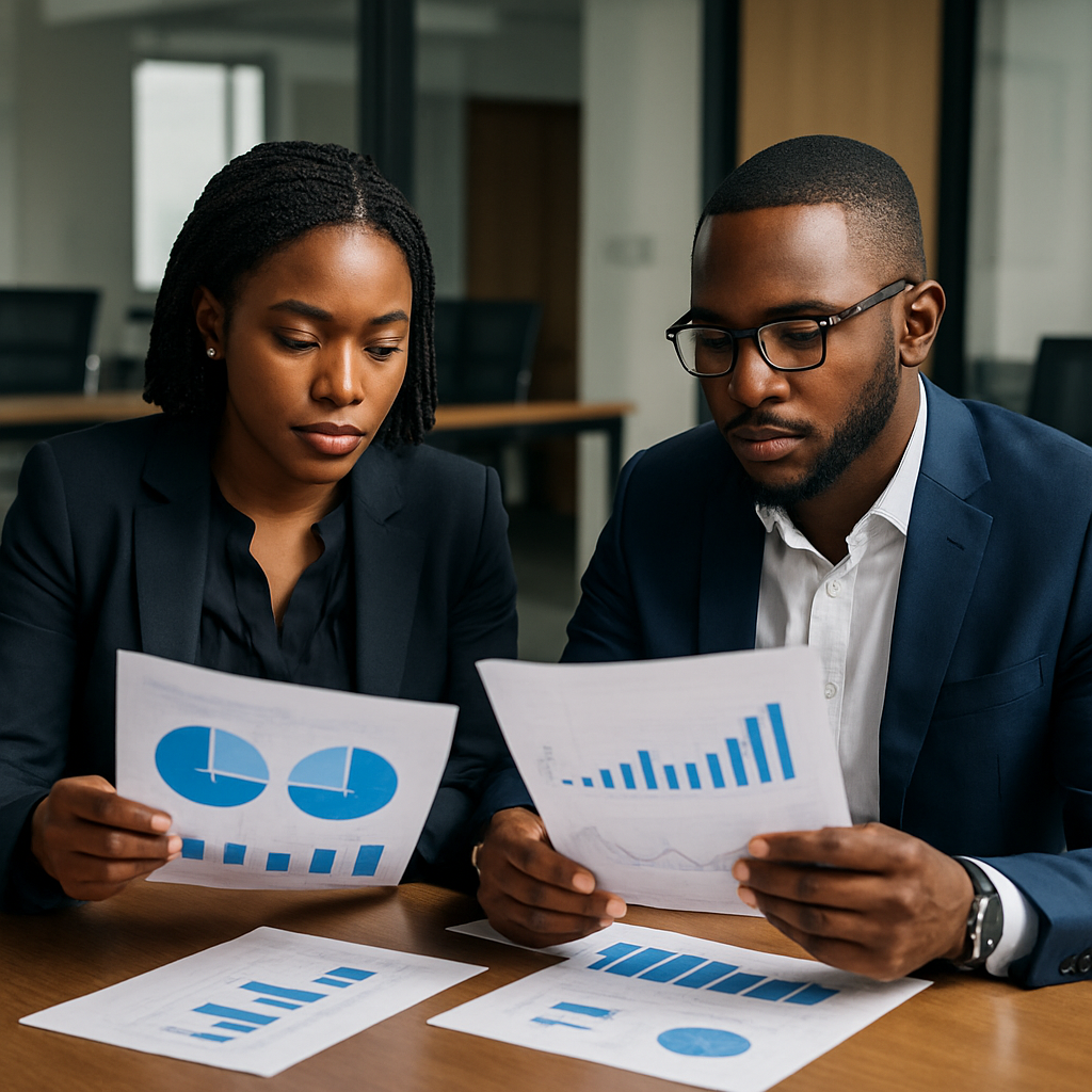 Two Nigerian SME owners comparing in-house marketing performance charts with agency reports in a conference room