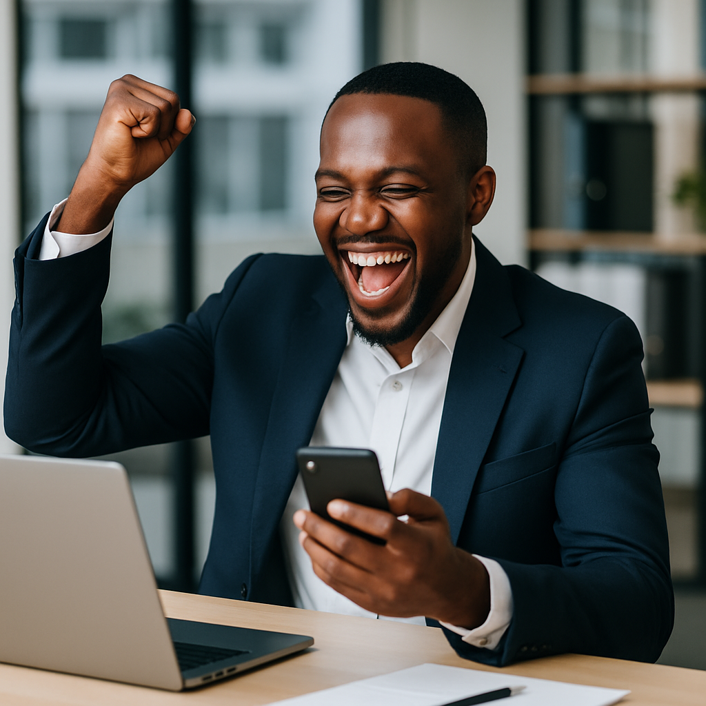 Nigerian business owner celebrating after receiving multiple customer enquiries on their phone and laptop
