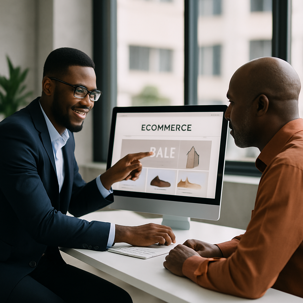 Nigerian web designer showing a retail business owner a new e-commerce website layout on a desktop monitor