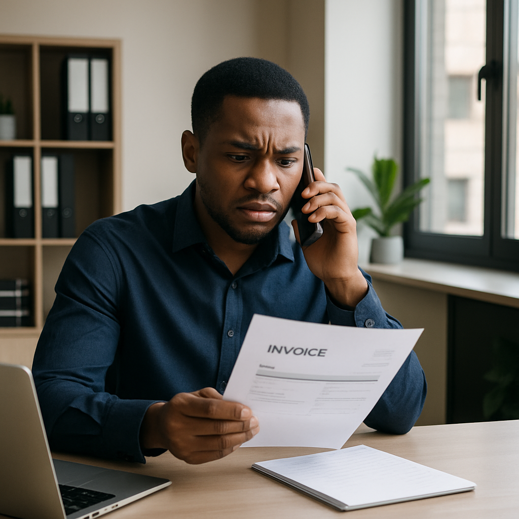A Nigerian SME owner sitting in a small office, holding an invoice and looking concerned while speaking on the phone with an agency representative.