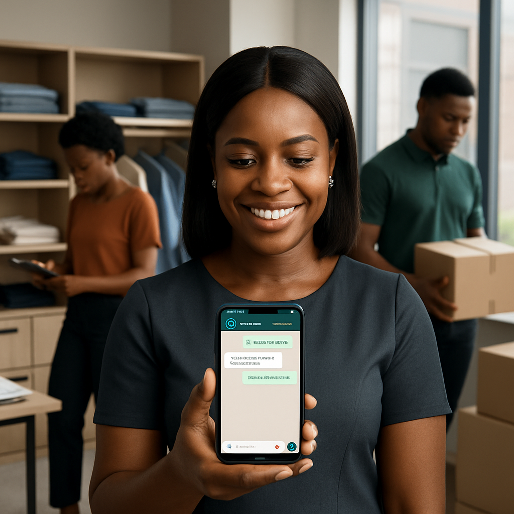 Nigerian SME owner in a retail shop, smiling as a WhatsApp chatbot on her phone interacts with a customer onscreen, while staff focus on inventory