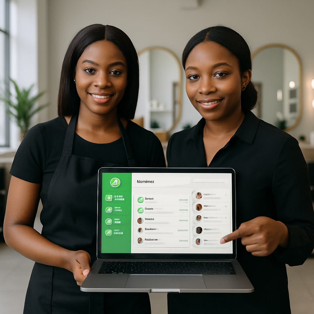 Two staff members at a Nigerian beauty salon showing a laptop dashboard with live WhatsApp lead notifications and customer profiles updating in real time.