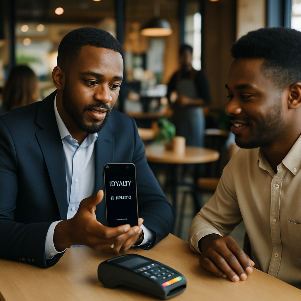 A Nigerian SME owner demonstrating a loyalty app to a customer at a busy Lagos café, with a phone and POS machine visible