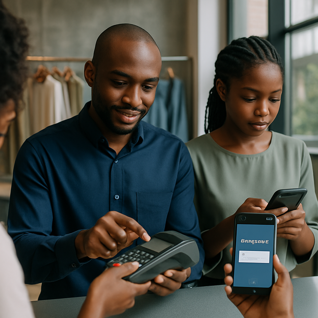 Two Nigerian retail staff, one serving a customer with a POS terminal and another checking online Paystack payment notifications on a phone
