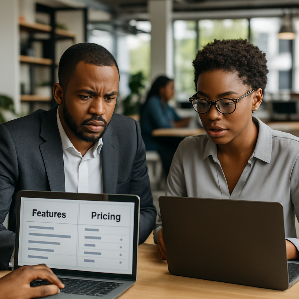 Two SME owners in a Yaba co-working space comparing features and pricing of business software on their laptops