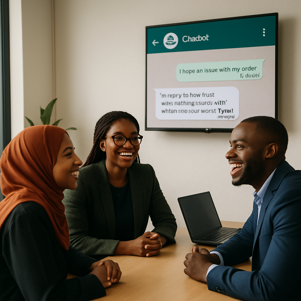 A small Nigerian business team smiling as they watch a live demo of an AI chatbot automatically responding to a customer complaint on a wall-mounted screen.