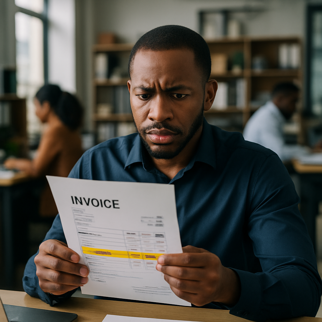 What AI Appointment Scheduling Costs Nigerian Small Businesses in 2026<span class="wtr-time-wrap after-title"><span class="wtr-time-number">6</span> min read</span> | Albanny Technologies - Web Design, Mobile App Development, SEO, and Digital Marketing Services Nigerian SME owner reviewing an invoice with additional AI service charges highlighted, looking concerned in a busy shop office.