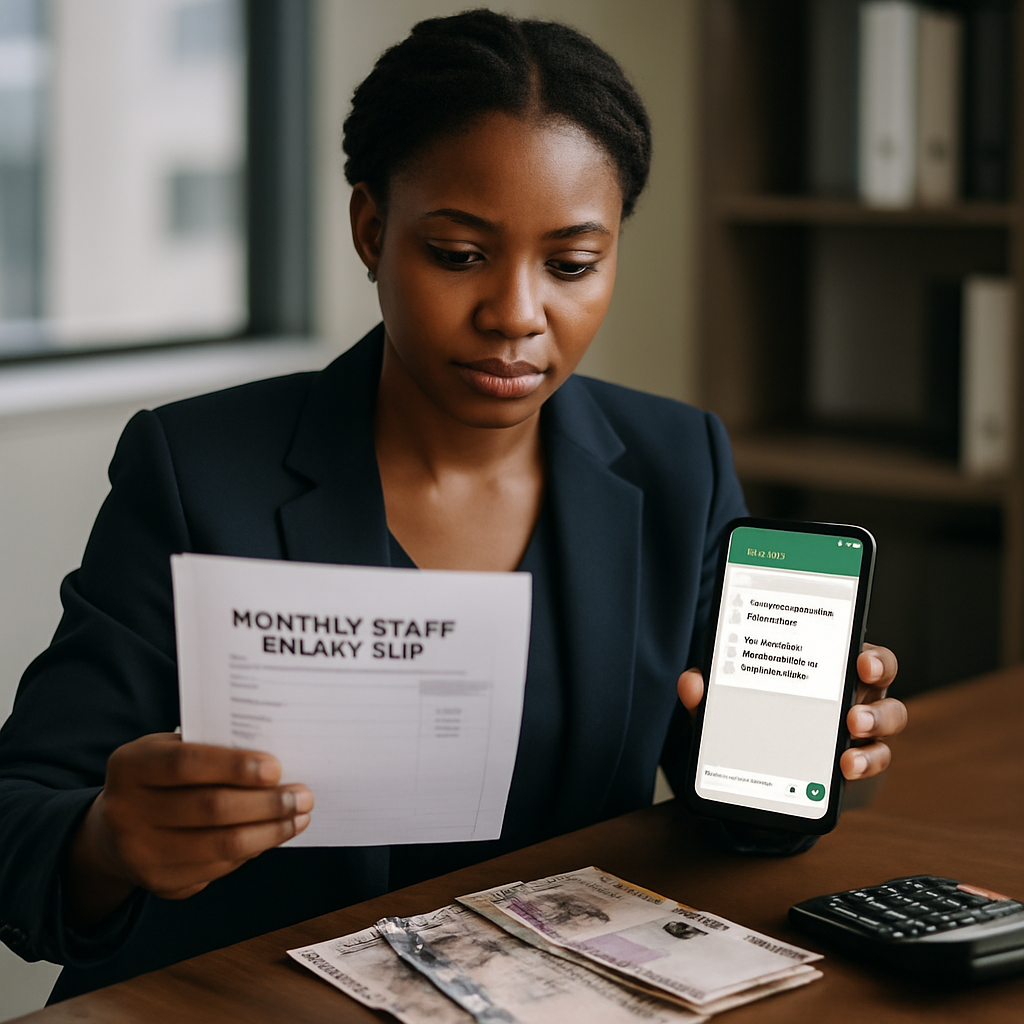 A Nigerian SME owner comparing monthly staff salary slips and Abby AI's automated WhatsApp reports on a desk, surrounded by naira notes and a calculator.