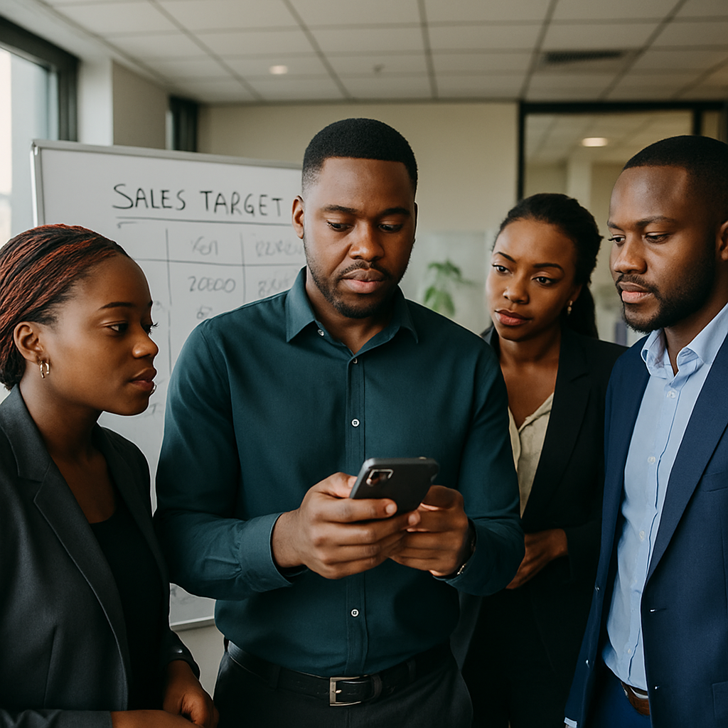 A team lead in a Nigerian SME, phone in hand, reviewing new WhatsApp leads with colleagues gathered around a whiteboard covered in sales targets.