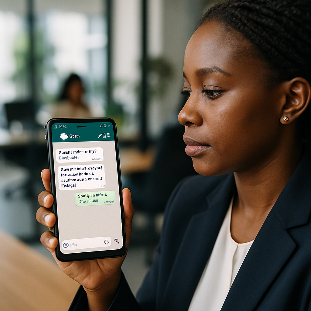 WhatsApp chat screen showing a stiff, repetitive bot conversation next to a more natural, localised reply