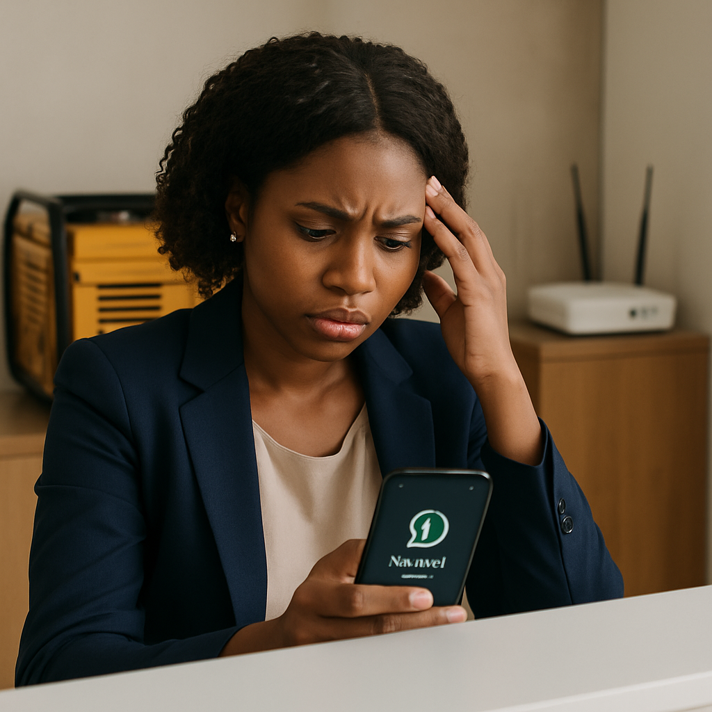 A frustrated Nigerian receptionist checking her phone, with a “Network Error” message on the WhatsApp Business interface, generator and router visible in the background