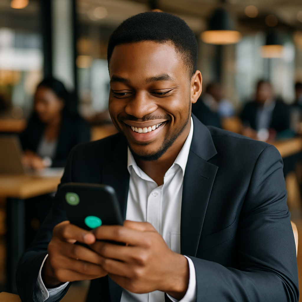 Young Nigerian man smiling as he responds to an automated WhatsApp reminder on his smartphone, while seated in a busy café