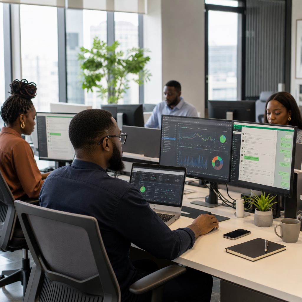 Nigerian digital marketers in an open-plan office, monitoring dashboards and WhatsApp chats on multiple screens