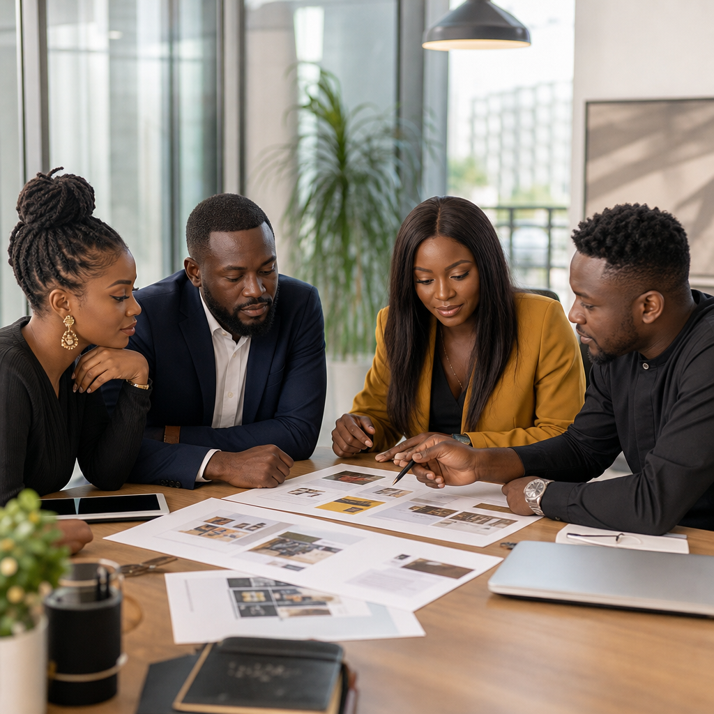 Three Abuja business owners, a salon operator, a real estate agent and a consultant, review different page layouts with a designer around a table.