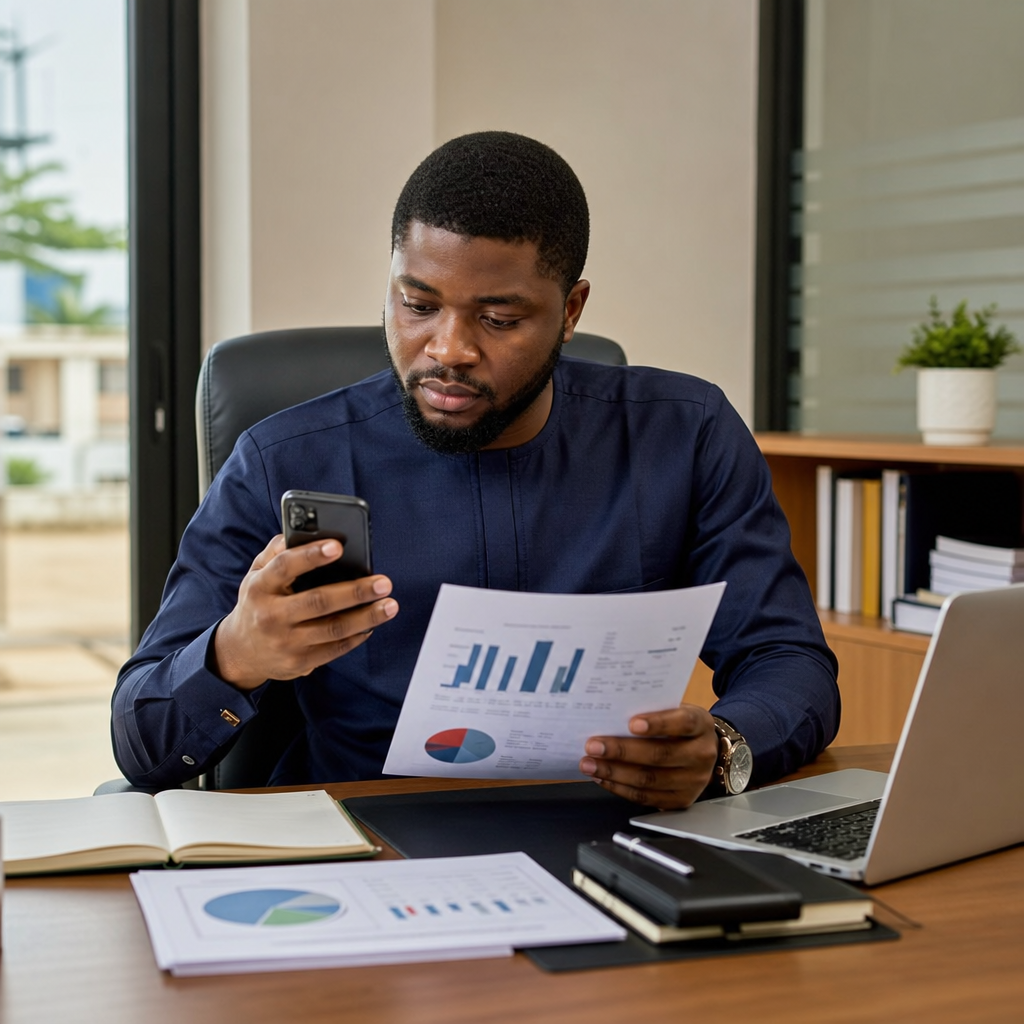 A Nigerian sales representative in a small Lagos office reviewing call and form conversion data, then replying to a customer’s WhatsApp enquiry on a phone