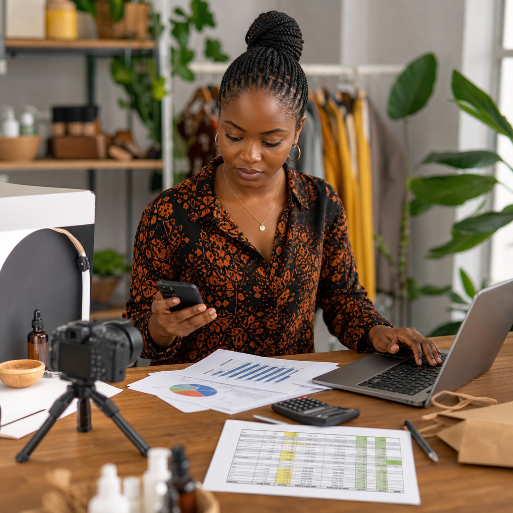A Nigerian SME owner and freelance content creator checking a smartphone, product photography setup, paid-ad invoice, and spreadsheet of extra monthly marketing costs at a shop counter.