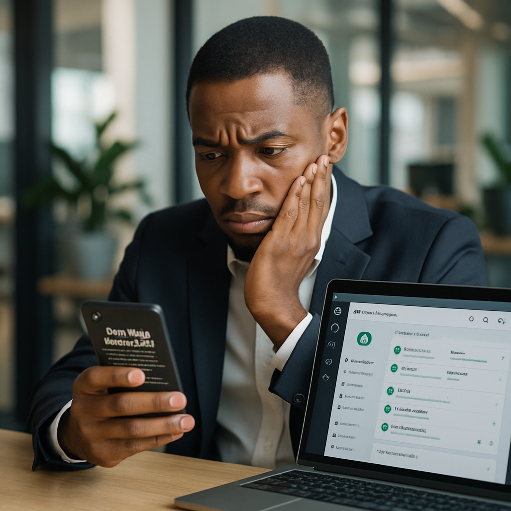 Nigerian business owner reading WhatsApp’s privacy policy with a worried look, phone in hand, laptop open to WhatsApp Business dashboard