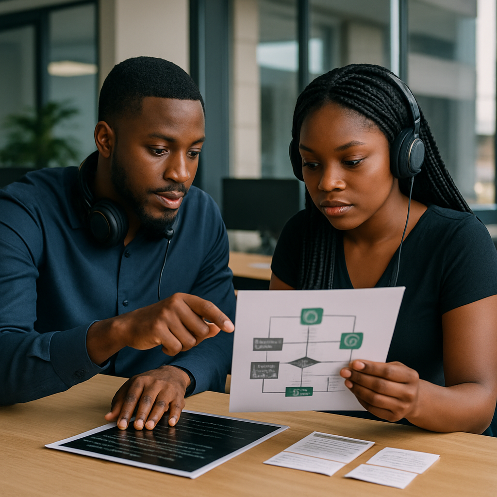 Two Nigerian tech support agents reviewing code and flowcharts for a WhatsApp AI agent, calendar and appointment slips on the desk